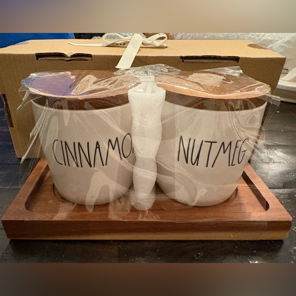 Rae Dunn White Ceramic Spice Cellars with Wooden Lids
